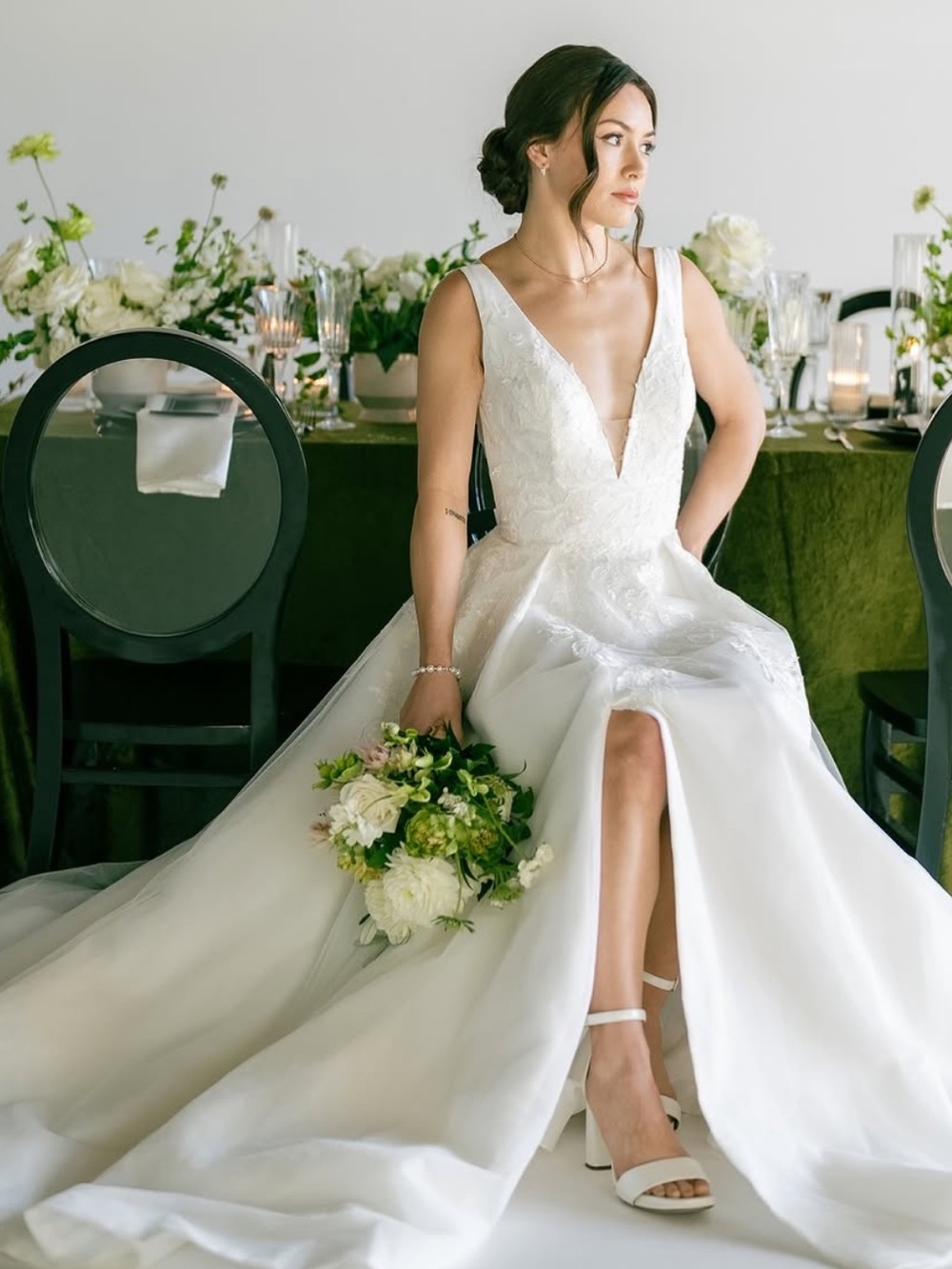 Elegant off white V-Neck Bridal Gown with Front Slit